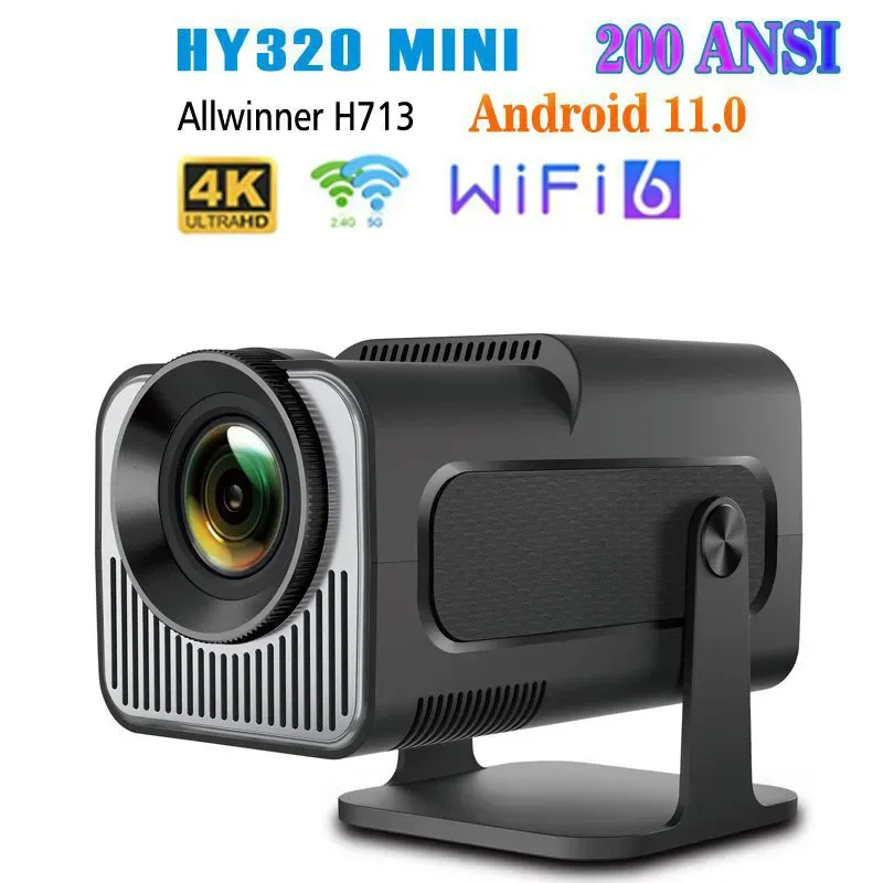 HY320 Mini infödd 720P Android 11 4K 300ANSI Wifi6 BT5.0 bärbar utomhusfilmprojektor 180° EU-