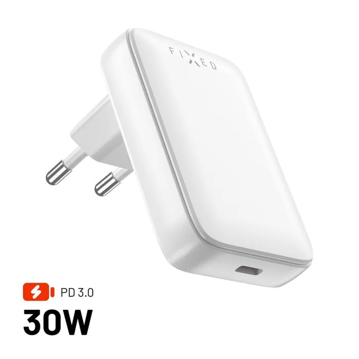 FIXED Slim - Strömadapter - GaN - 30 Watt - 3 A - PD 3.0 (24 pin USB-C) - vit