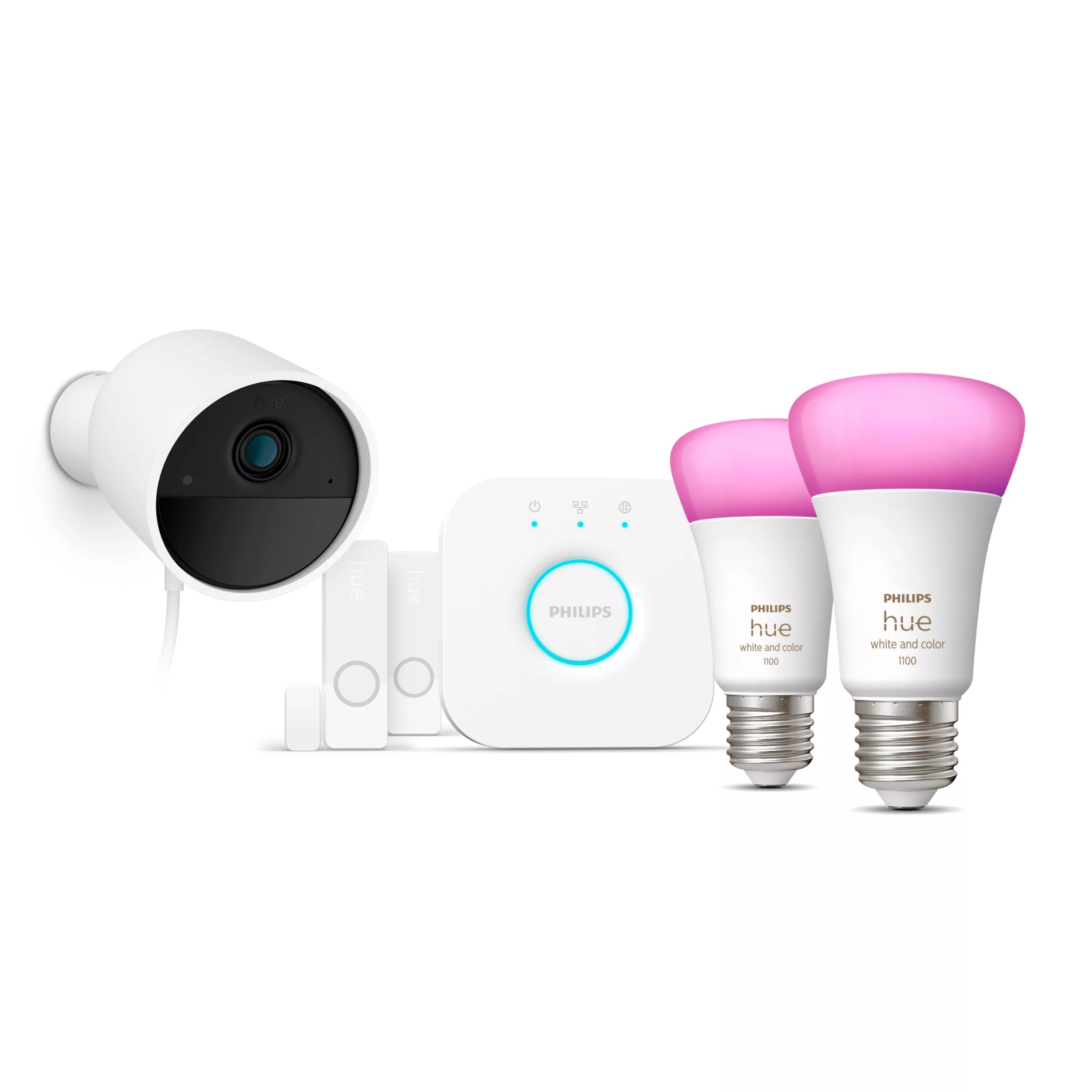 Philips Hue Secure startkit med 1 Secure trådbunden kamera (vit), 2 Secure kontaktsensorer (vit), 2 White and Color Ambiance smarta ljuskällor E27, 1