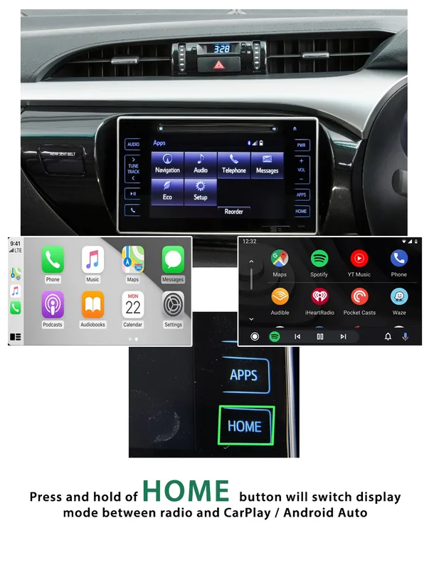 Trådlös Carplay-skärm för Toyota Fortuner Hilux Apple CarPlay & Android Auto Bilradio GPS-navigering Röststyrning 8 Core Wifi 2G+32G