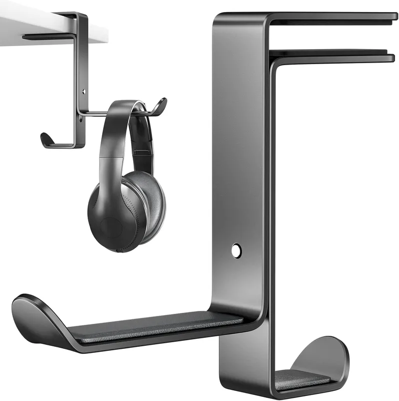 justerbar ingen stans hörlursstativ klämmor 360 graders roterande vikbar spelheadset hängare krok under skrivbord hörlurar hållare (A-svart)
