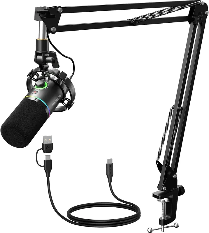 MAONO XLR/USB dynamisk mikrofonuppsättning, RGB Podcast-mikrofon med bomarm, programvara, tyst knapp, förstärkningskontroll, för PC-spel, streaming, inspelning, PS4/5 Mac mixer, etc. PD200XS Svart