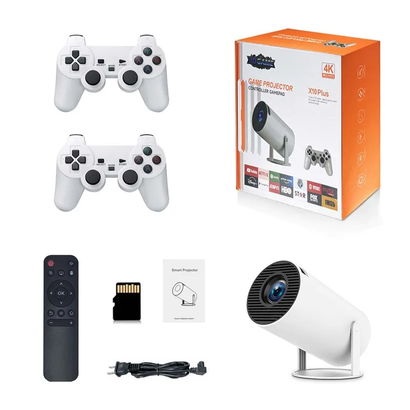 X10 Plus retro spelkonsol med projektor, 4K retro spelprojektor med 2 trådlösa kontroller, HDMI-utgång, WIFI