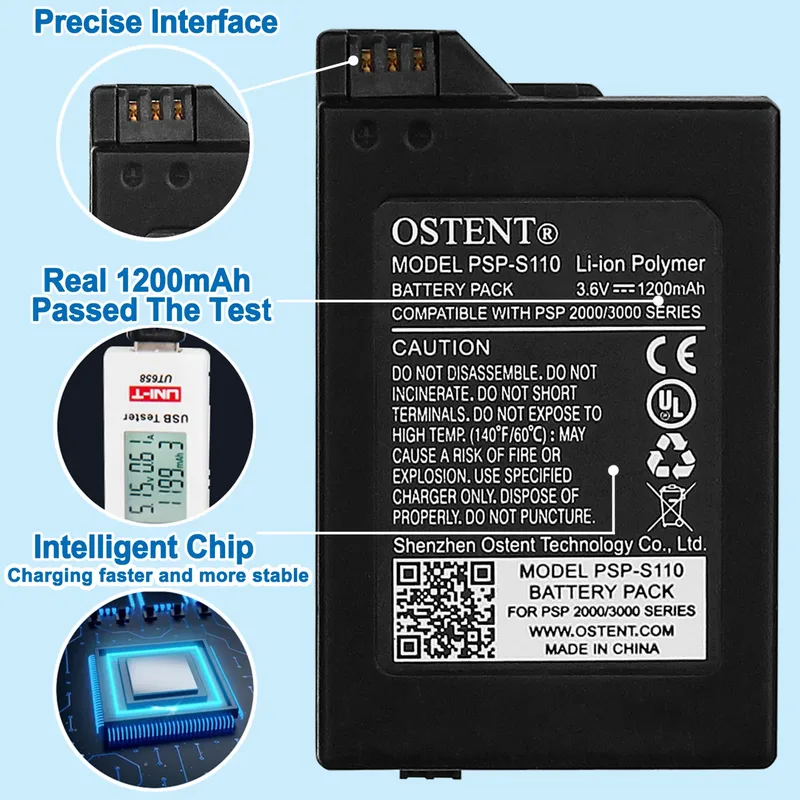 OSTENT 1200mAh 3.6V Uppladdningsbart litiumjonbatteri för Sony PSP 2000/3000