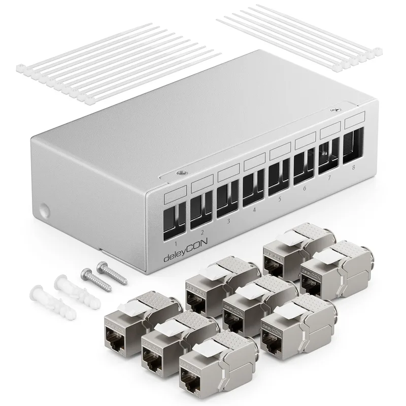 deleyCON 8 Port Patch Panel Set Patch Field Distribution Panel 1U