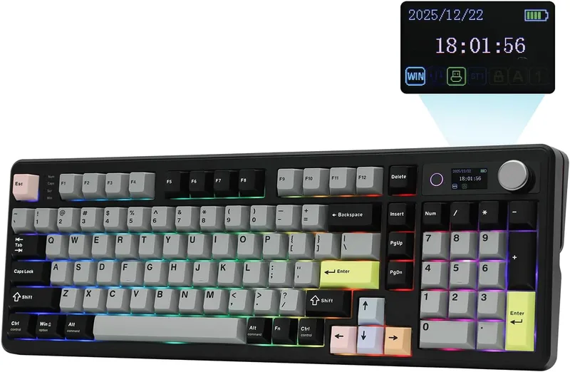 EPOMAKER TH99 PRO 96 % trådlöst mekaniskt speltangentbord med skärm och ratt, 10 000 mAh, 2,4 GHz/BT, Hotswap, anpassad drivrutin, RGB, PBT-tangenter