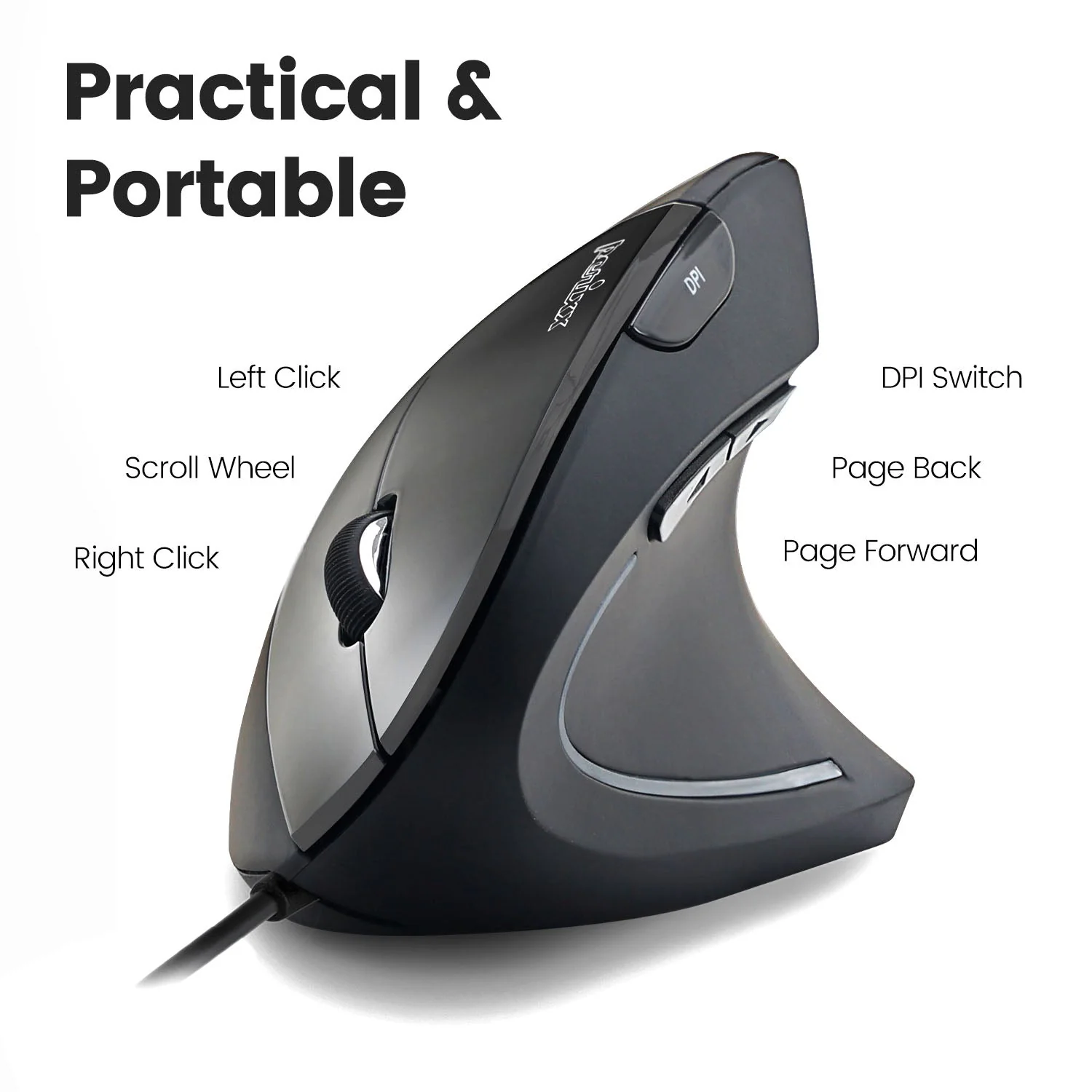 Perixx PERIMICE-513 trådbunden ergonomisk vertikal mus – 1 000/1 600 DPI – högerhänt – rekommenderas med RSI-användare