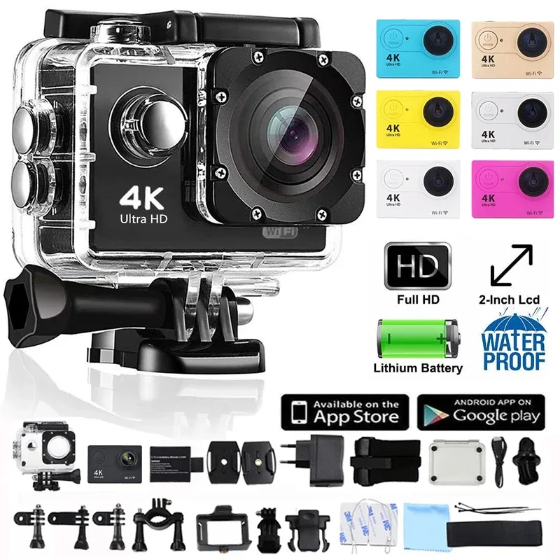 Actionkameror 4K action kamera wifi, dykning 1 6mp Sportkamera, 170d 30m High-Definition Undervattenskamera, Utomhus Vattentät och Anti-Shake