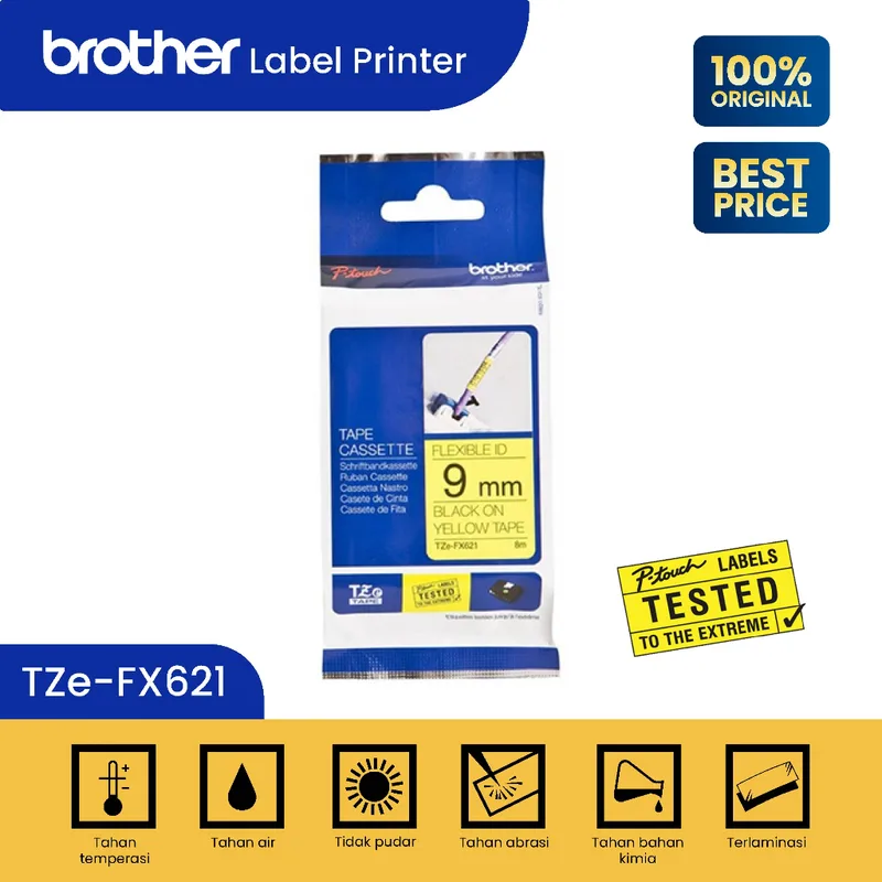 5-pack svart på gul flexibel etikettejp kompatibel med Brother P-Touch TZ FX621 TZe FX621 9mm 3/8" OPA1462x5
