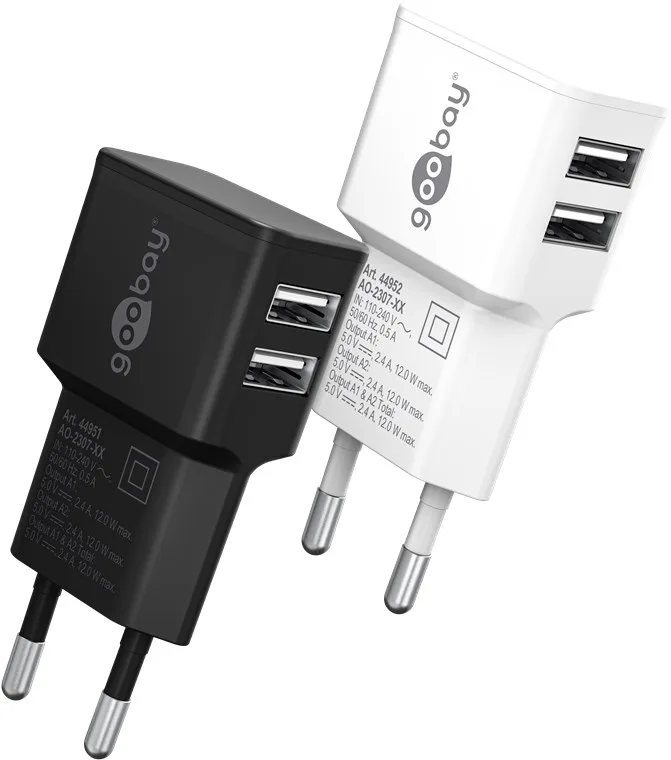 2-Pack 12W USB-Laddare, 5V2.4A 2-Ports Strömadapter