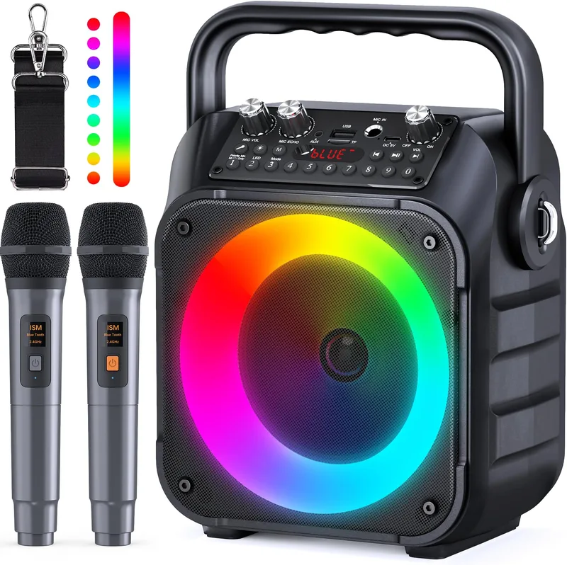 Mini Karaoke Machine Set, Portabel Stereo Bluetooth-högtalare med 2 Trådlösa Mikrofoner