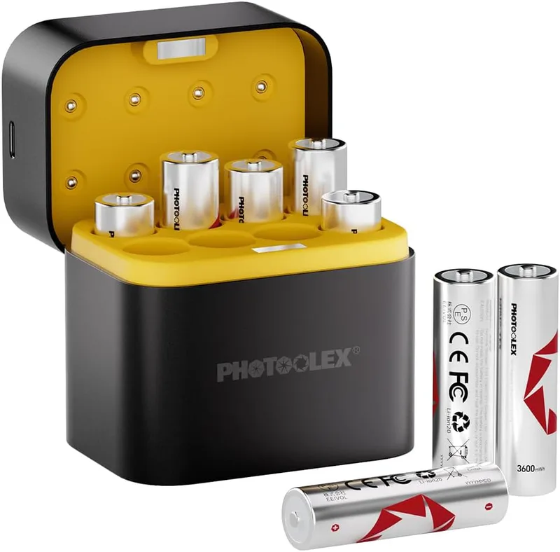 PHOTOOLEX Uppladdningsbara litiumbatterier AA 8-Pack med laddare