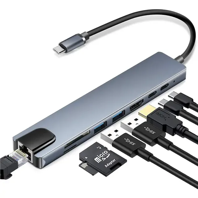 8 portars USB-C hub med USB, UBC PD, HDMI, RJ45, minneskort Grey